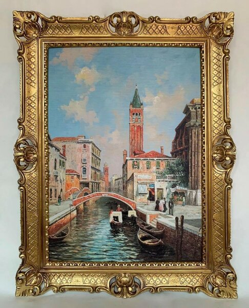 Nostalgie Gemälde Städte Venedig Laguna Boote Wandbild Rahmen Gold 90x70 Kunstdruck Italien Wandkunst 90x70 Wandbild Antik Gemälde Kunstdruckbild mit Barockrahmen Silber