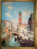 Nostalgie Gemälde Städte Venedig Laguna Boote Wandbild Rahmen Gold 90x70 Kunstdruck Italien Wandkunst 90x70 Wandbild Antik Gemälde Kunstdruckbild mit Barockrahmen Silber