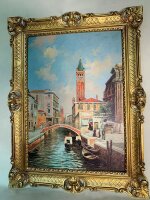 Nostalgie Gemälde Städte Venedig Laguna Boote Wandbild Rahmen Gold 90x70 Kunstdruck Italien Wandkunst 90x70 Wandbild Antik Gemälde Kunstdruckbild mit Barockrahmen Silber