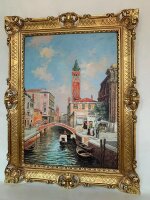 Nostalgie Gemälde Städte Venedig Laguna Boote Wandbild Rahmen Gold 90x70 Kunstdruck Italien Wandkunst 90x70 Wandbild Antik Gemälde Kunstdruckbild mit Barockrahmen Silber